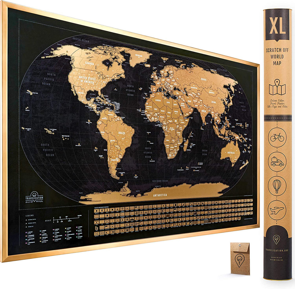 XL Scratch off World Map with All 233 Flags + Deluxe USA Scratch off Map |  36x24 Easy to Frame Travel Map Scratch off Poster | World Map Scratch off