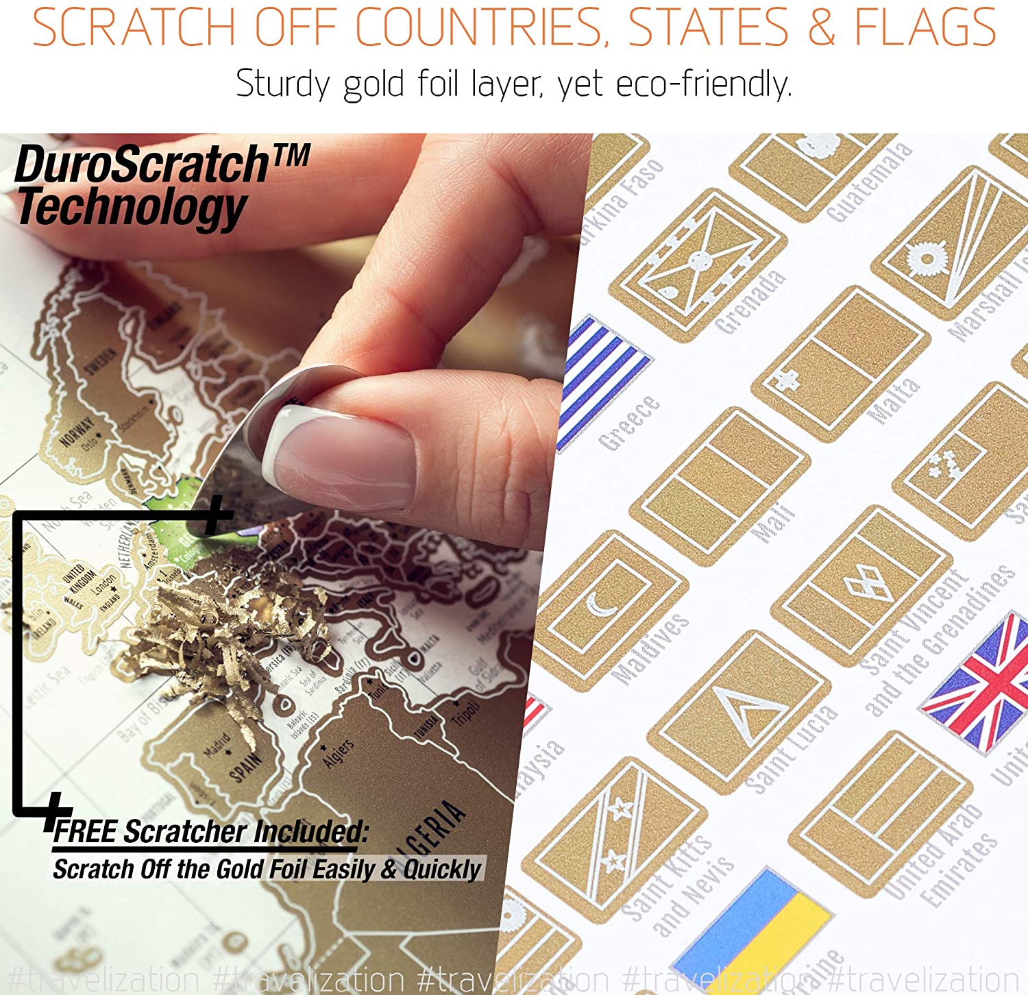 Scratch Off World Map with Countries Flags, Biggest Cities and Capitals, Original Silver Color Surface Design Scratch Off World Map with Countries Flags, Biggest Cities and Capitals, Original Silver Color Surface Design